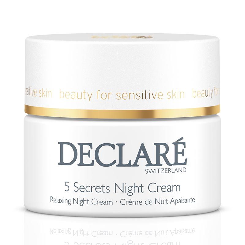 Weißer Tiegel mit goldfarbenem Deckel. Aufschrift: DECLARÉ, 5 Secrets Night Cream. Entspannende Nachtcreme.
