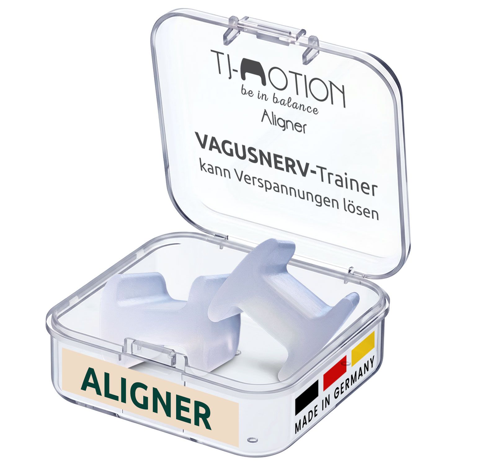 TJ-Motion Aligner in transparenter Box. Zwei weiße, H-förmige Teile. Produktname und Text auf der Verpackung sichtbar.