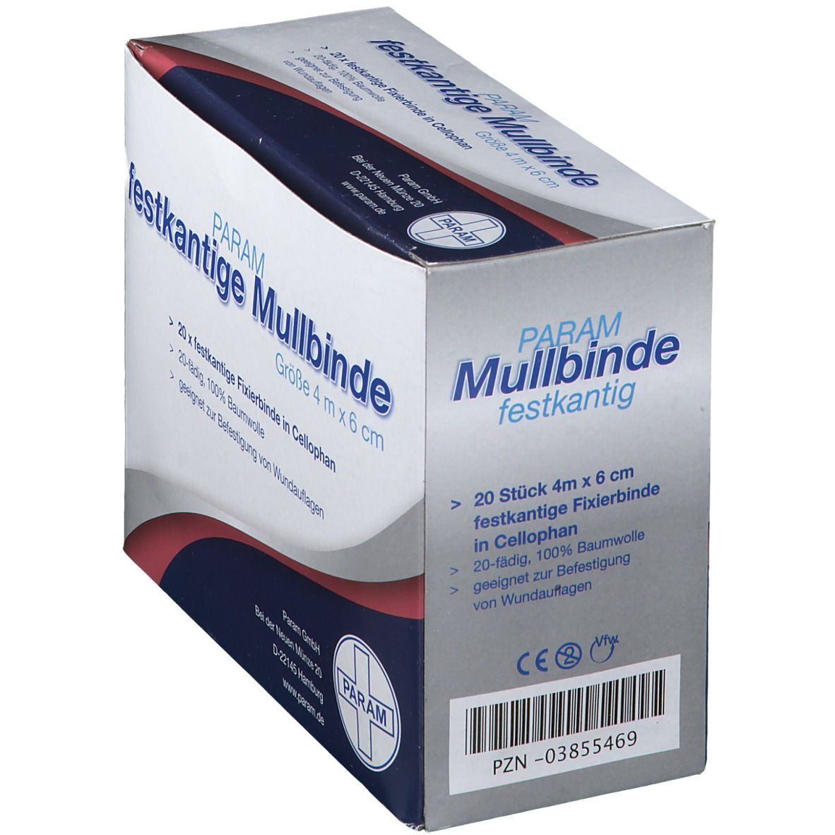 PARAM Mullbinde in Cellophan-Verpackung. Größe 4 m x 6 cm. 20 Stück. Weiß, blau und rot. Mit CE-Kennzeichnung.