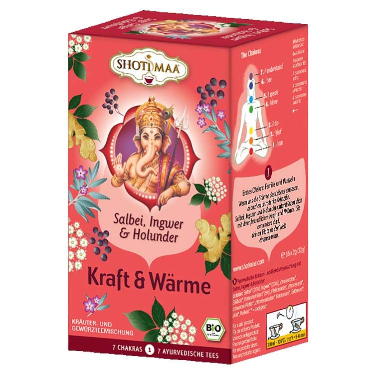 Scatola rossa con logo "SHOTI MAA", immagine di divinità, testo "Kraft & Wärme" e "Salbei, Ingwer & Holunder". Sigillo bio.