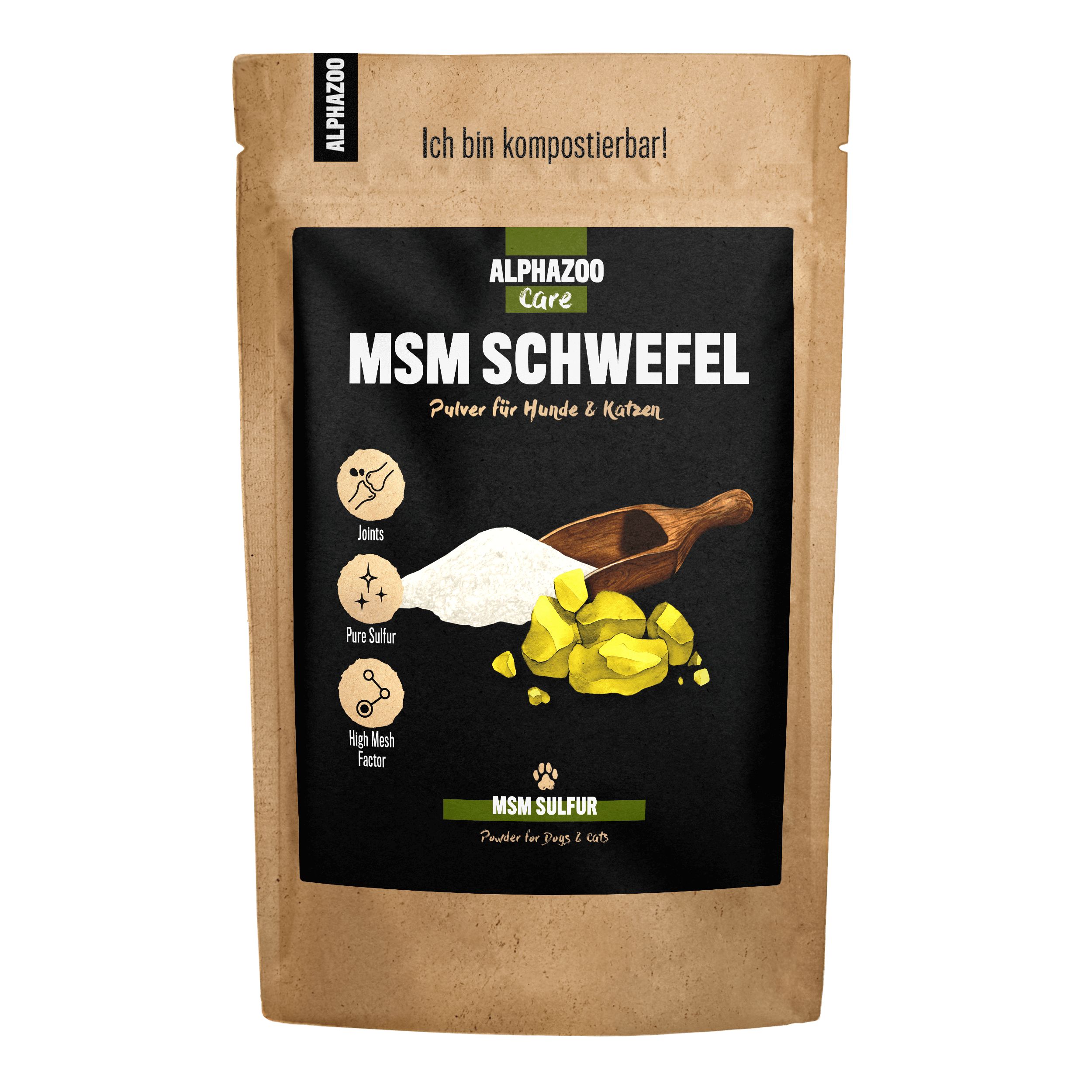 Beutel mit schwarzem Etikett. Aufschrift: MSM Schwefel Pulver für Hunde & Katzen. Abbildung von Pulver, Holzschaufel und Schwefel.