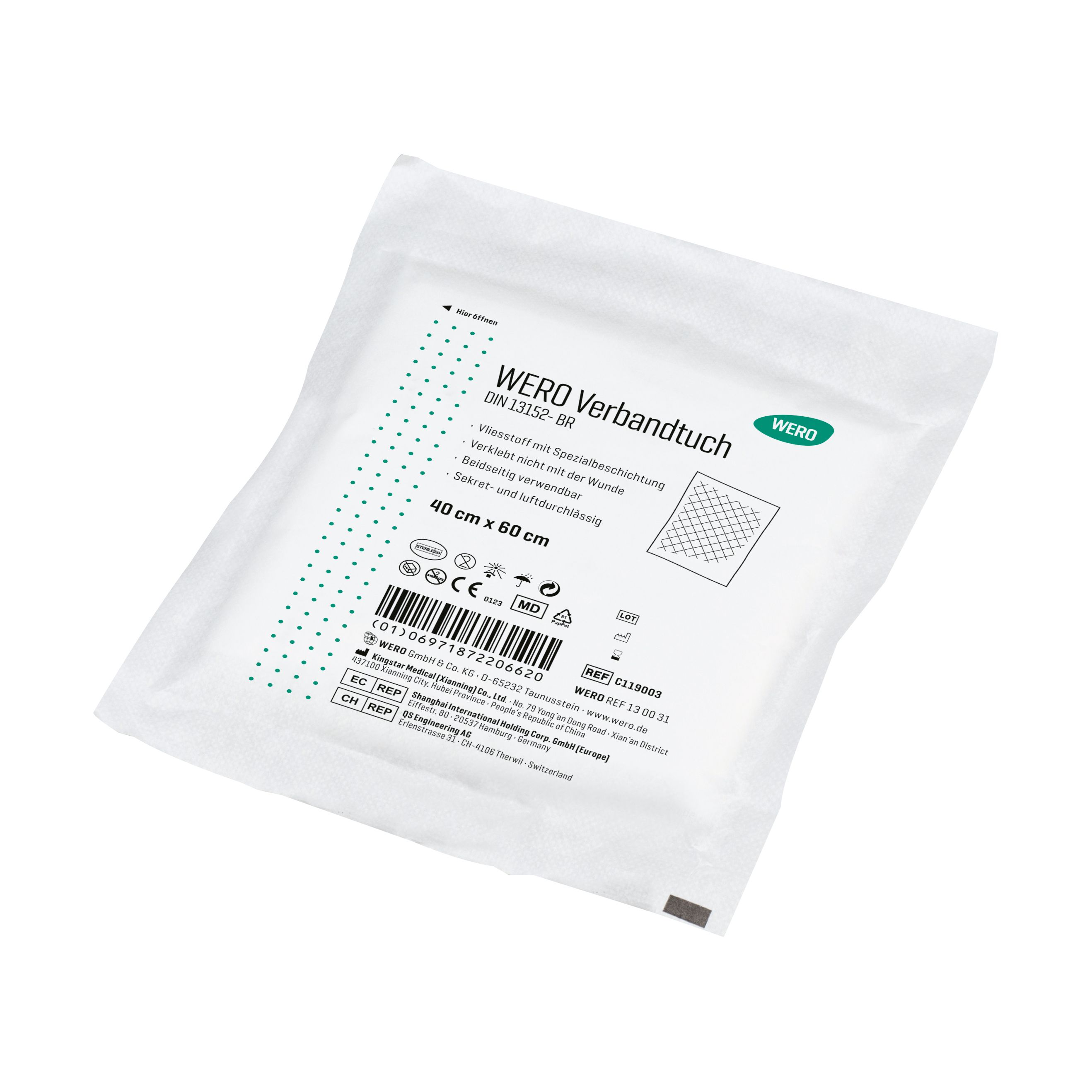 Verbandtuch in weißer Verpackung. Aufdruck: WERO Verbandtuch DIN 13152-BR, 40 x 60 cm. Mit Zertifizierungen und Barcode.