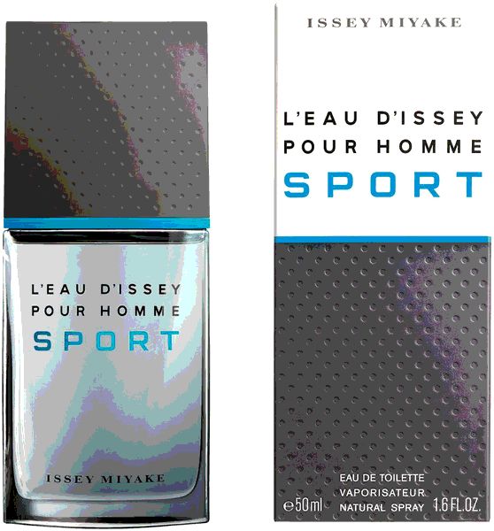 Flakon und Verpackung von L'Eau d'Issey Pour Homme Sport. Flakon mit blauem Streifen und grauem Deckel. Verpackung mit Logo und Produktnamen.