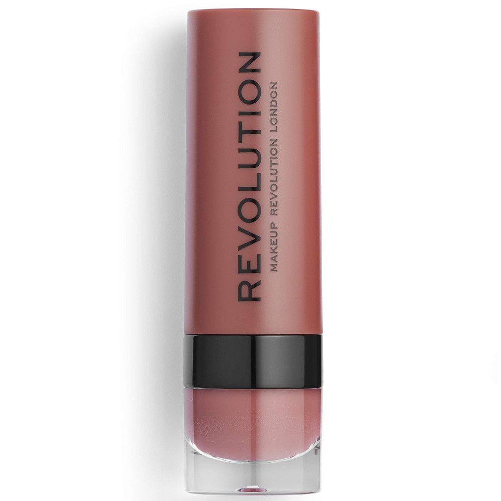 Geschlossener Lippenstift. Braune Kappe mit Aufschrift "REVOLUTION MAKEUP REVOLUTION LONDON". Schwarzer Schaft und rosafarbener Lippenstift.