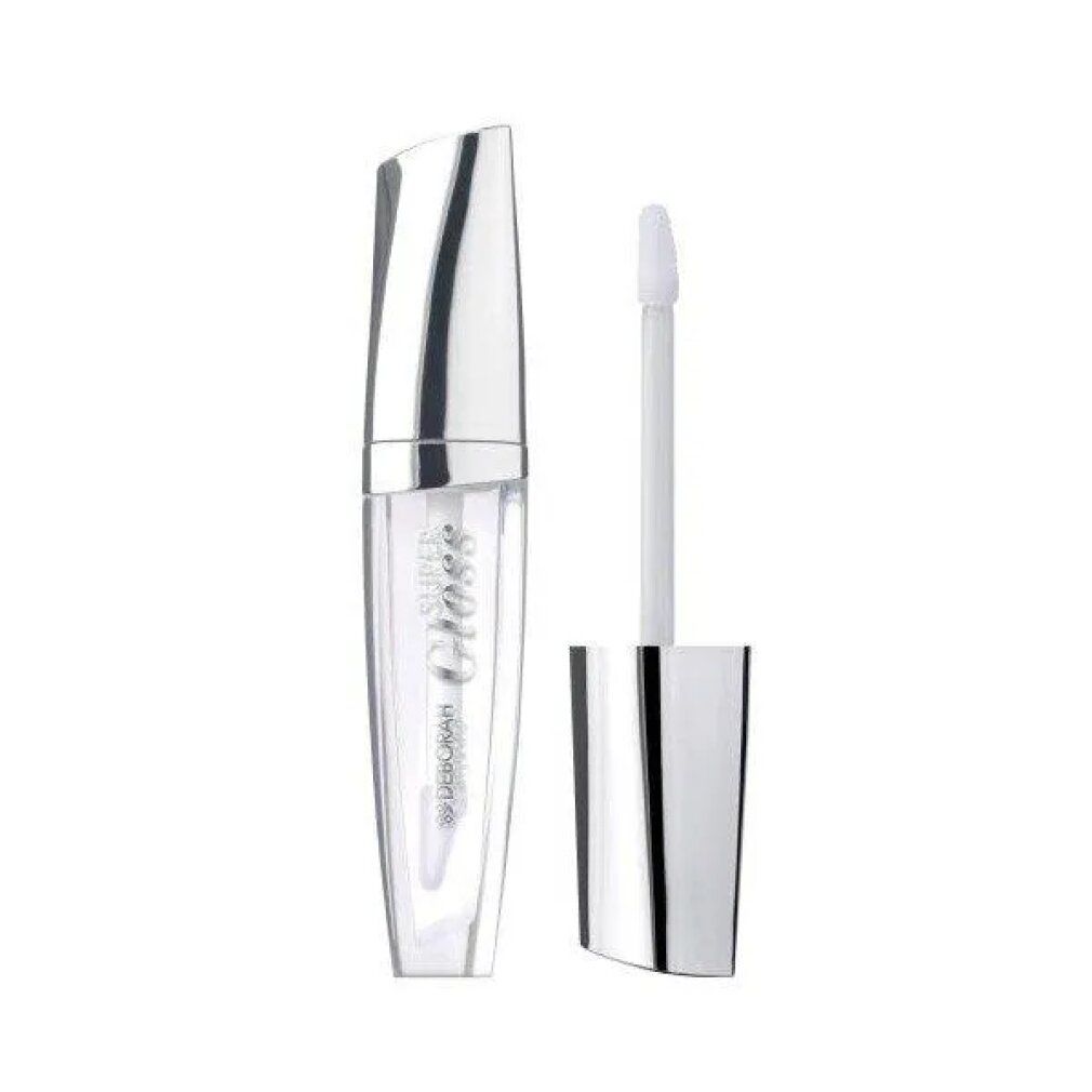 Transparenter Lipgloss. Transparente Flasche mit silberfarbenem Deckel. Aufschrift: Super Gloss, Deborah Milano.