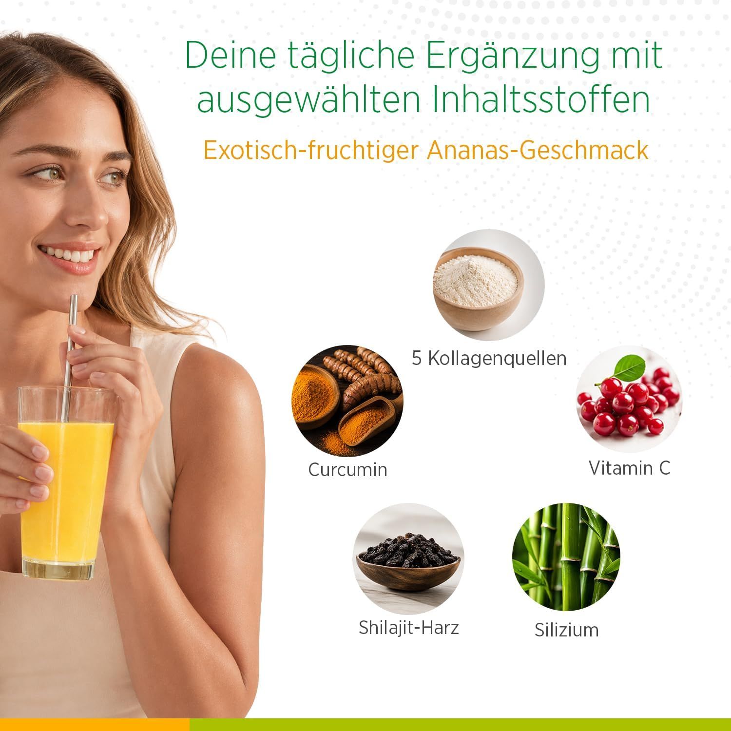 Biostile Collagen Pineapple: Frau trinkt Getränk, Zutaten wie Curcumin, Vitamin C.