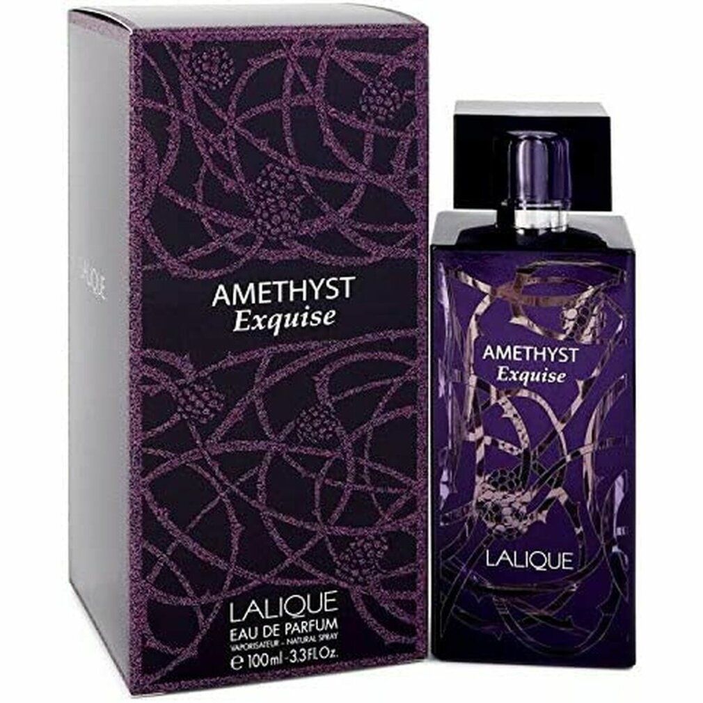 Amethyst Exquise Flakon und Verpackung. Lila Design, Schriftzug. Lalique-Logo. 100ml.