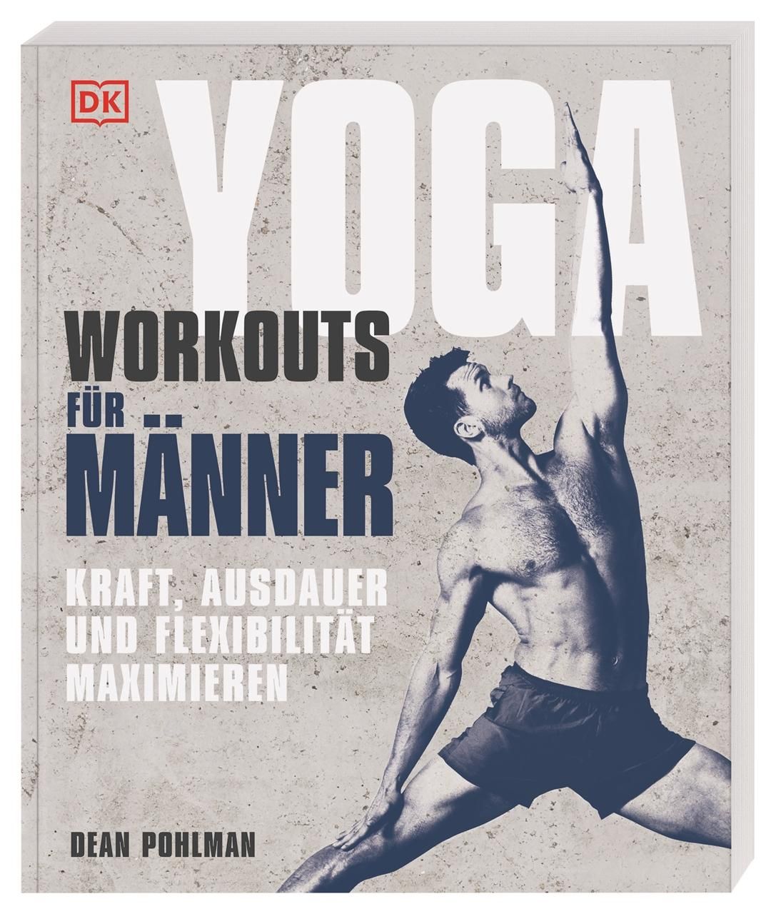 Buchcover: Yoga Workouts für Männer. Titel, Autor, Mann in Yoga-Pose. DK-Logo.
