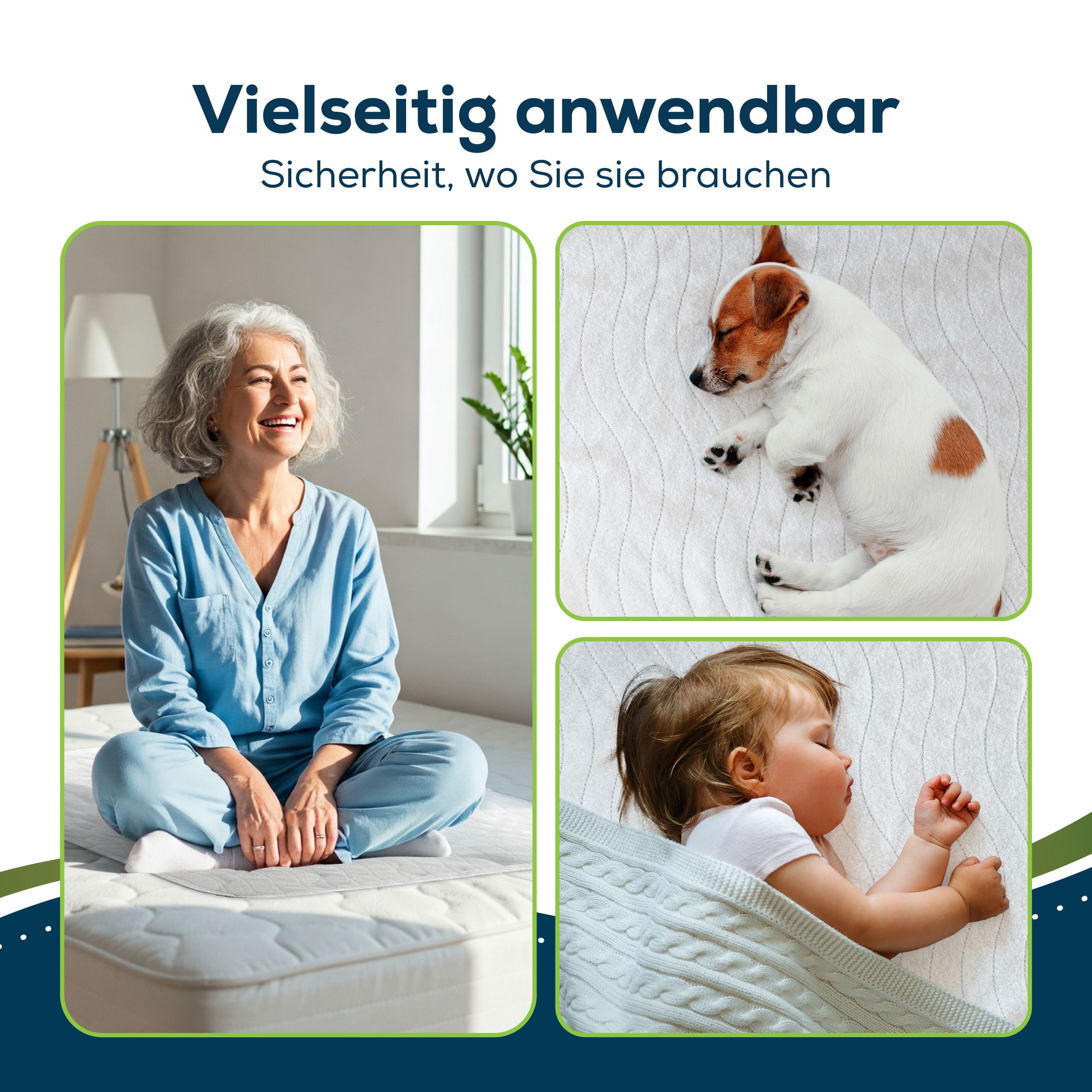 Inkontinenz-Bettunterlage. Vielseitig anwendbar. Frau, Hund, Baby. Auf Bett, Decke.