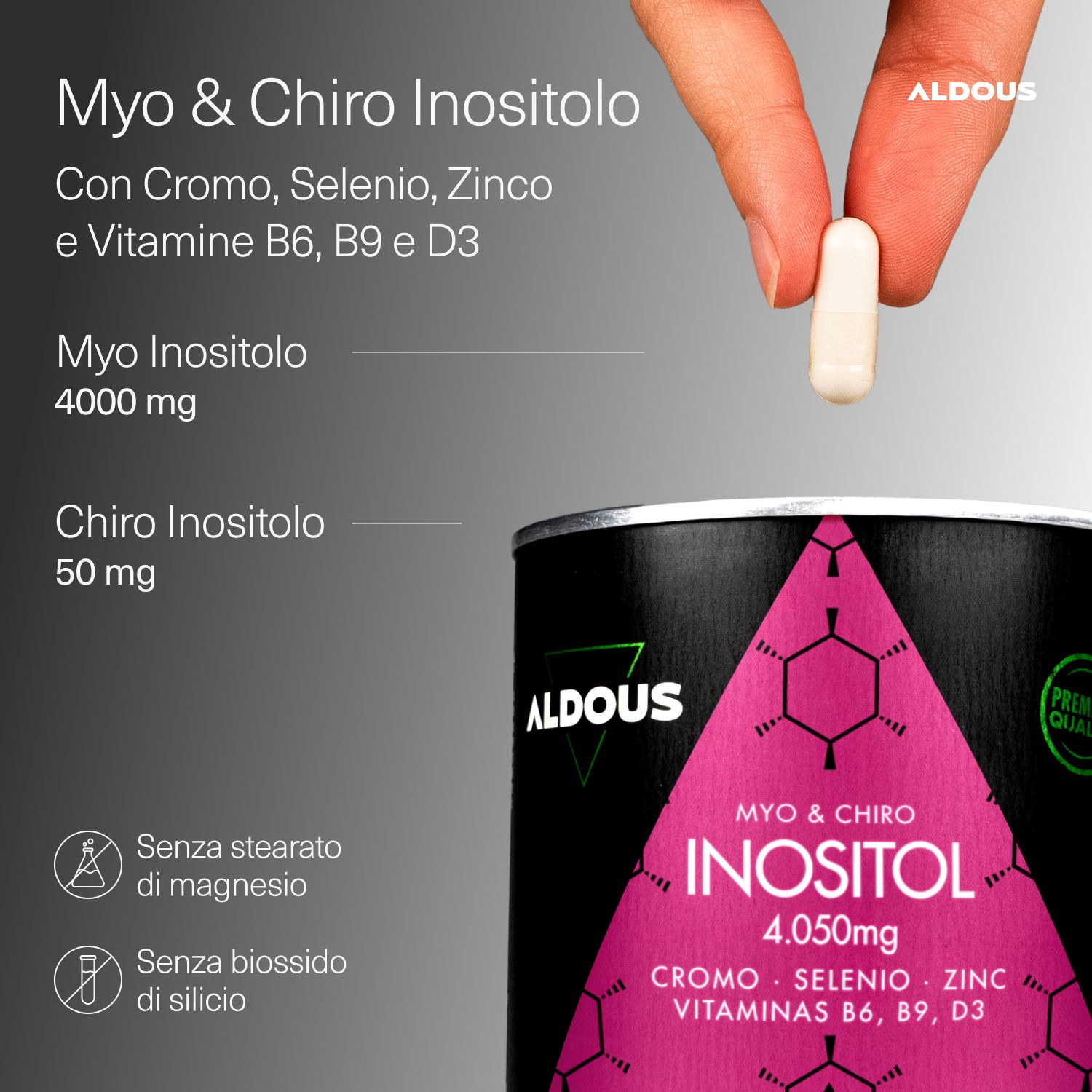 Aldous Myo Inositol Dose mit 210 Kapseln, enthält Chrom, Selen, Zink, Vitamine B6, B9, D3.