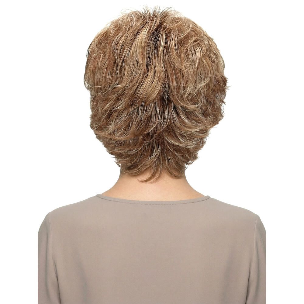 Kurzhaarperücke mit gewelltem Haar in Blond- und Brauntönen. Rückansicht.