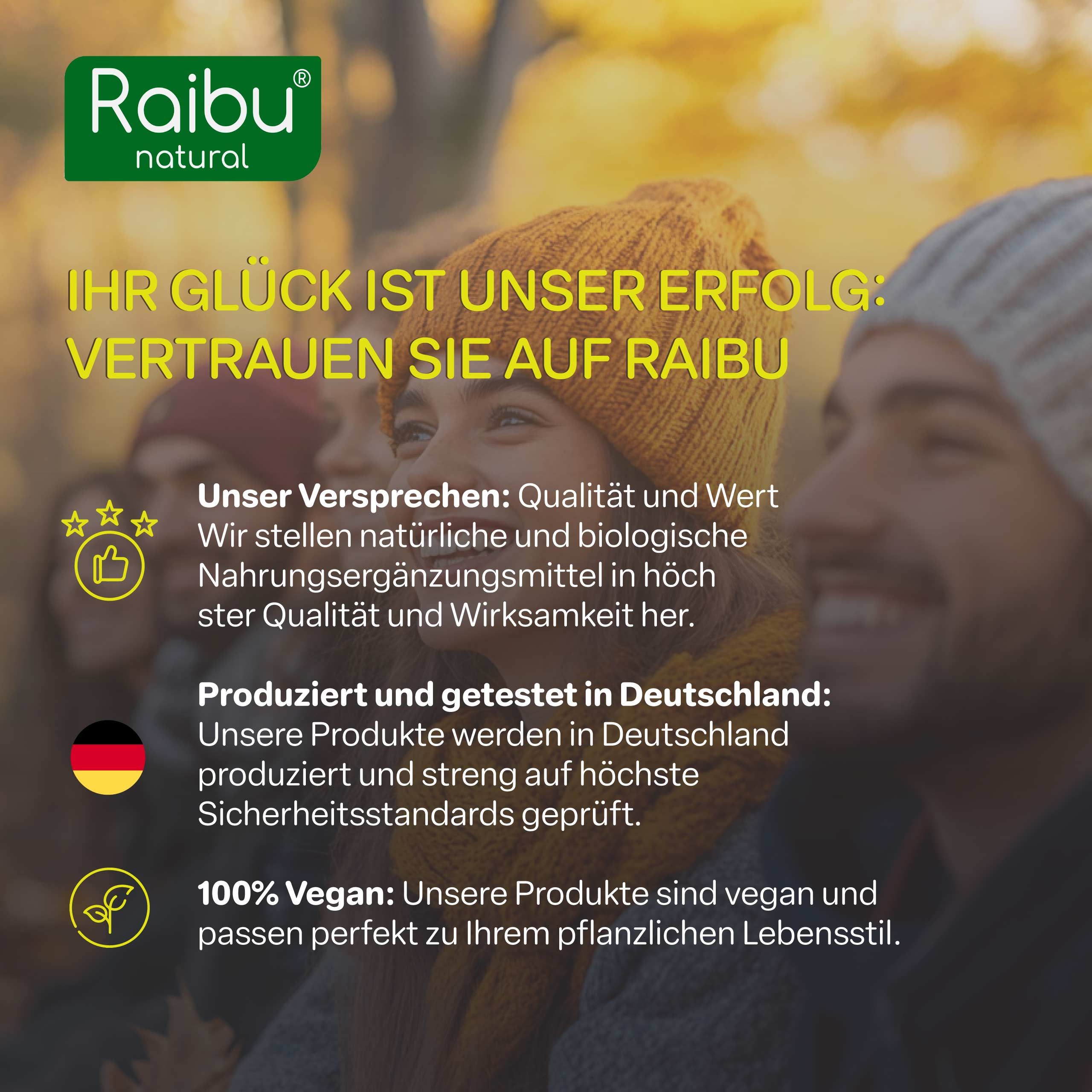 Menschen lächeln. Text: Qualität, Wert, natürliche Nahrungsergänzungsmittel. Vegan. Hergestellt in Deutschland.