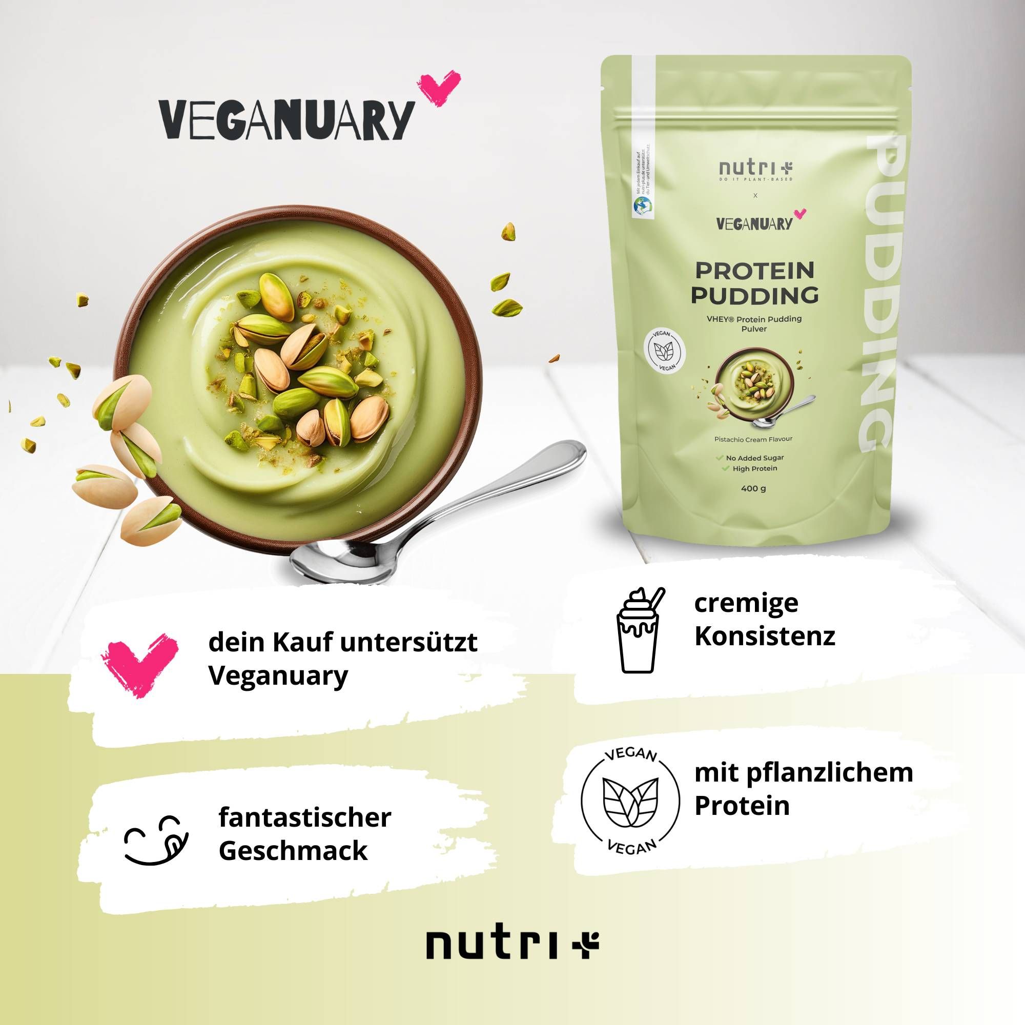 Schüssel mit Pistazien-Pudding, Löffel, und Verpackung. Veganuary-Logo. Text: cremige Konsistenz, fantastischer Geschmack.
