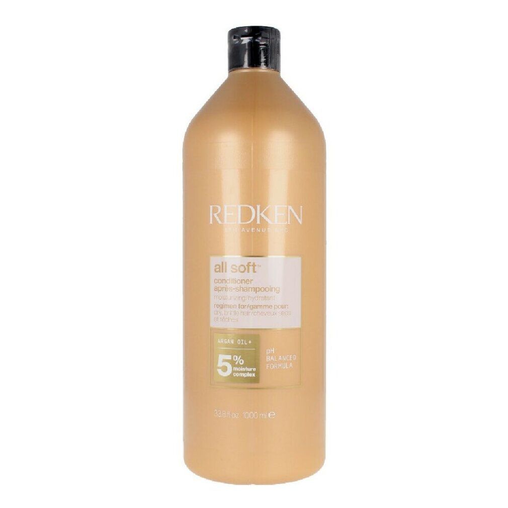 Goldfarbene Flasche Redken All Soft Conditioner. Schwarzer Deckel. Produktbezeichnung und Inhaltsstoffe auf Etikett.