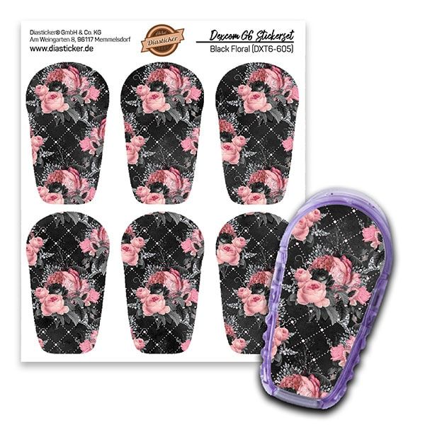 Aufkleber-Set für Dexcom G6. Schwarzes florales Muster. Sechs Aufkleber und ein Gerät mit floralem Design. Marke: Diasticker.
