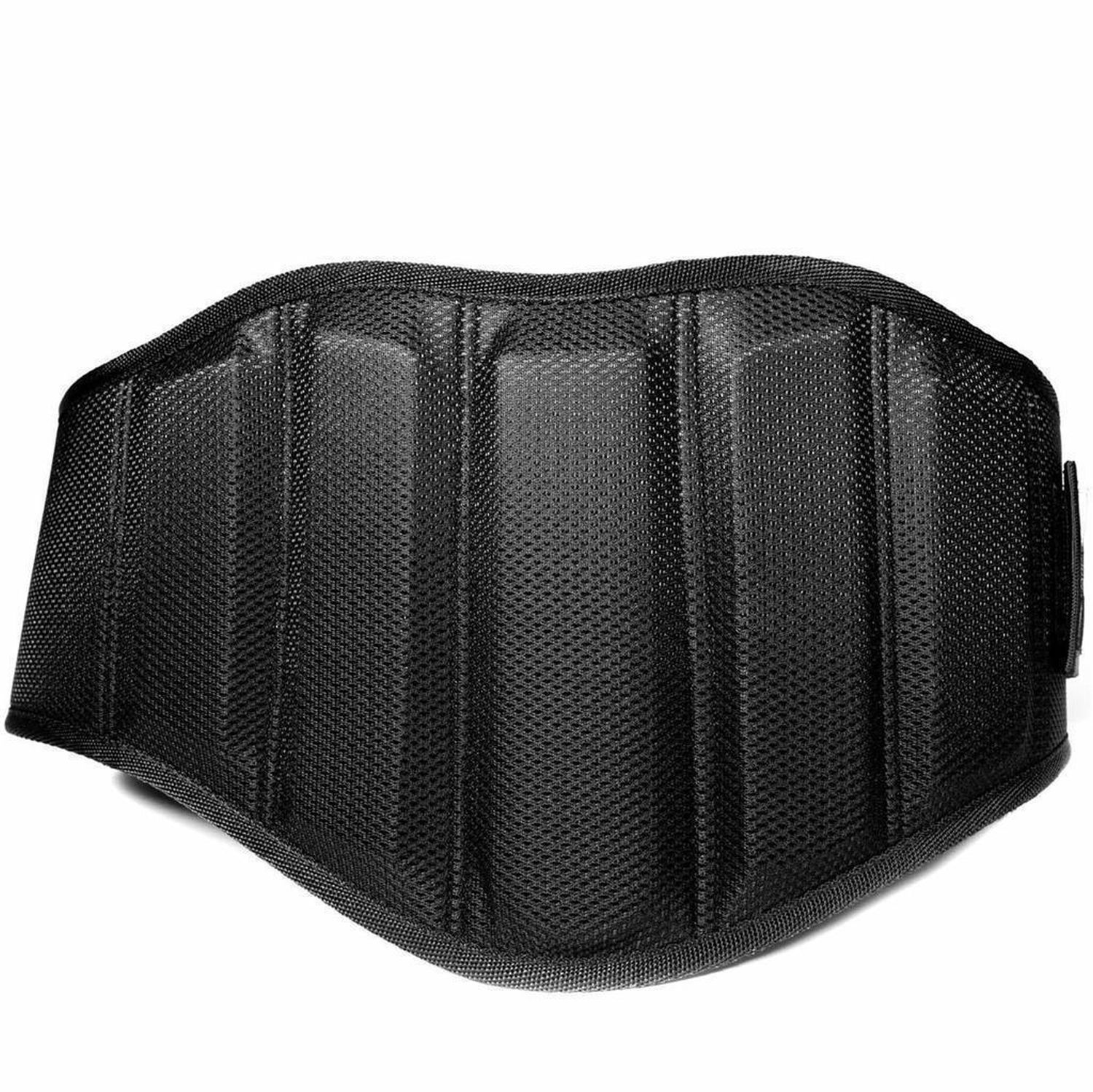 Schwarzer Gewichthebergürtel mit gepolstertem Rücken. Der Gürtel hat eine gewebte Oberfläche.