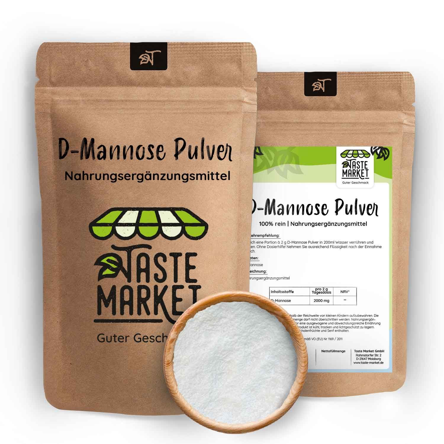 Zwei Beutel mit D-Mannose Pulver und Schale mit weißem Pulver. Logo: Taste Market. Aufschrift: Nahrungsergänzungsmittel, Guter Geschmack.