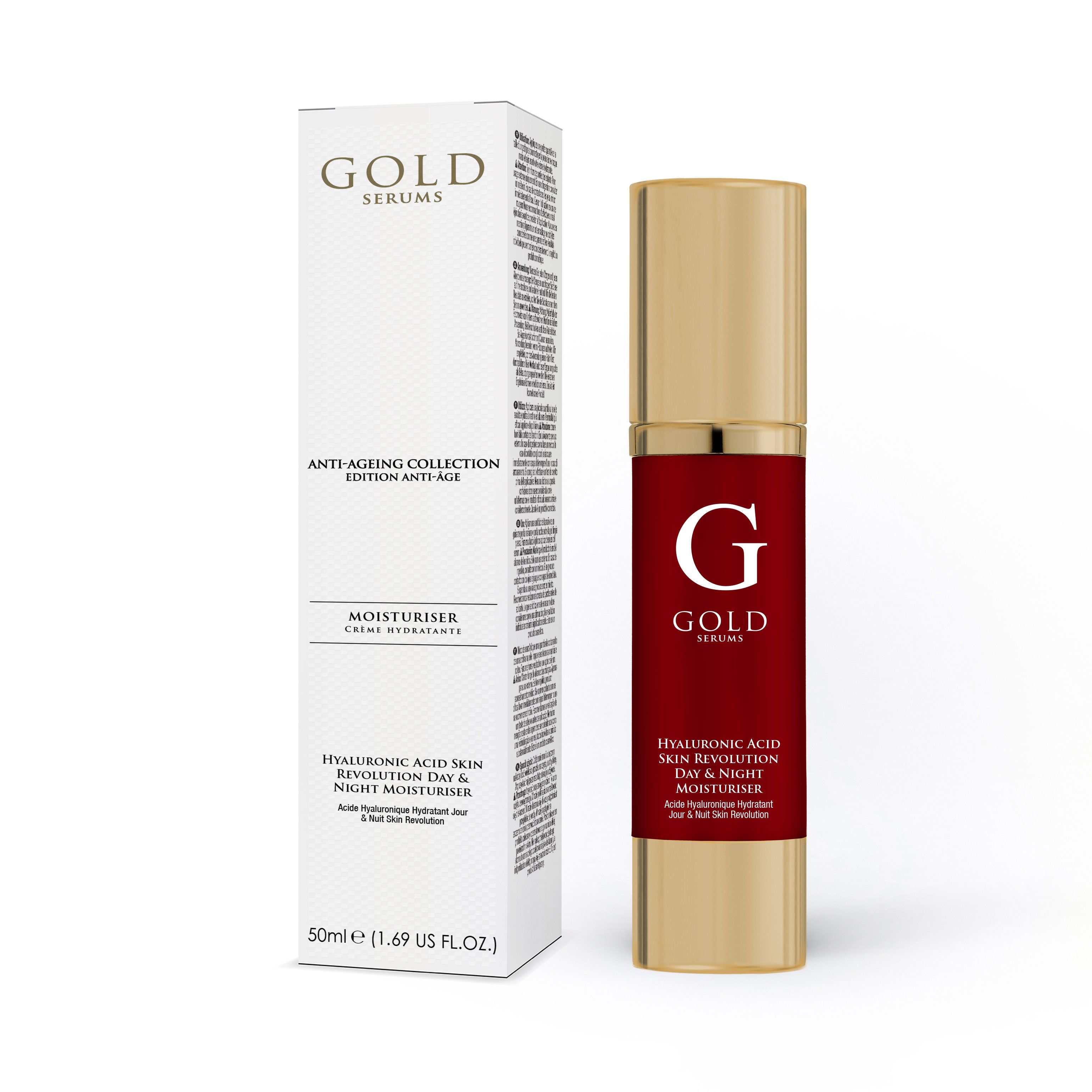 Gold Serums Tages- und Nachtfeuchtigkeitscreme mit Hyaluronsäure. Weiße Verpackung, goldene Flasche, roter Aufdruck.