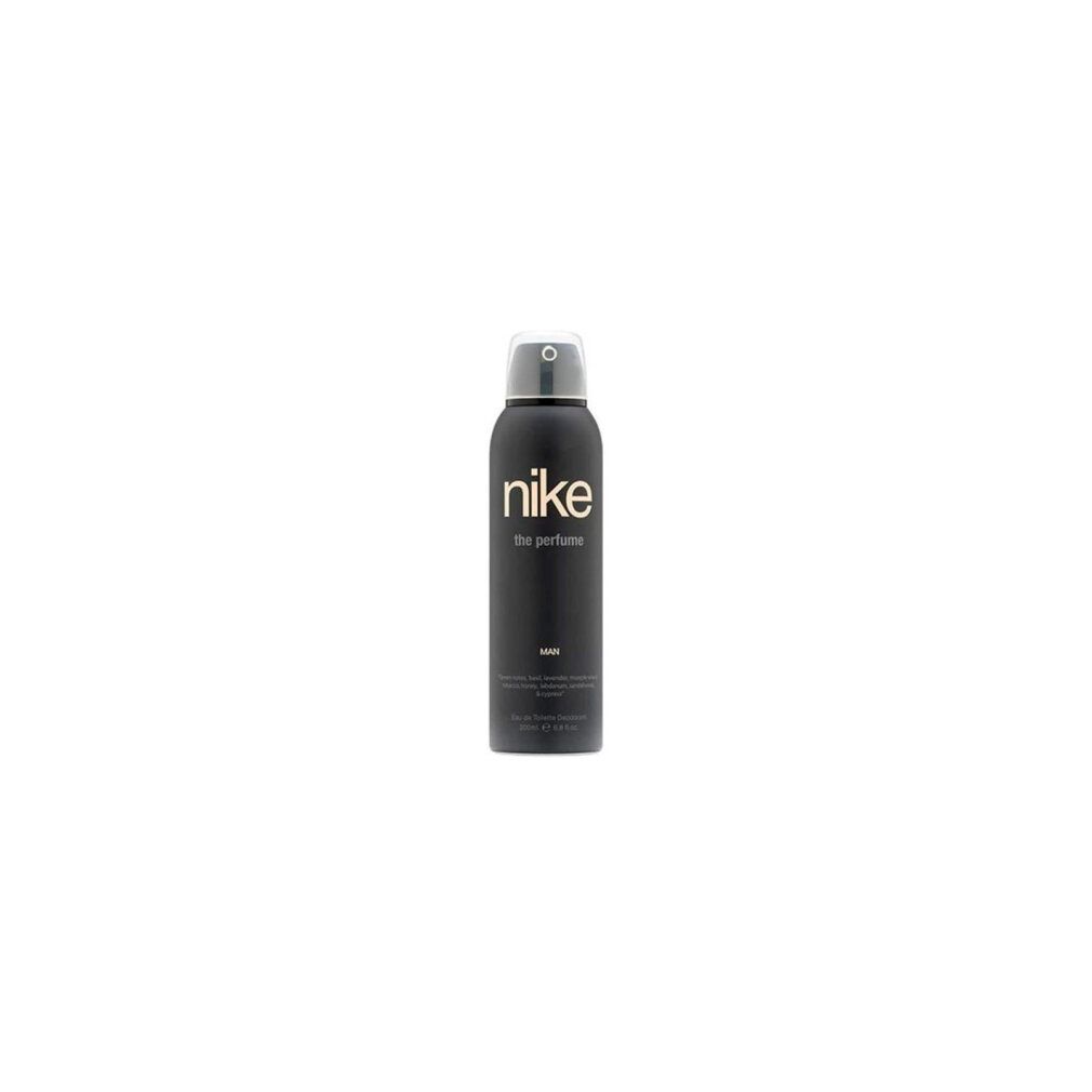 Schwarze Deodorant-Spray-Flasche. Aufschrift: Nike, the perfume, MAN. Transparenter Sprühkopf.