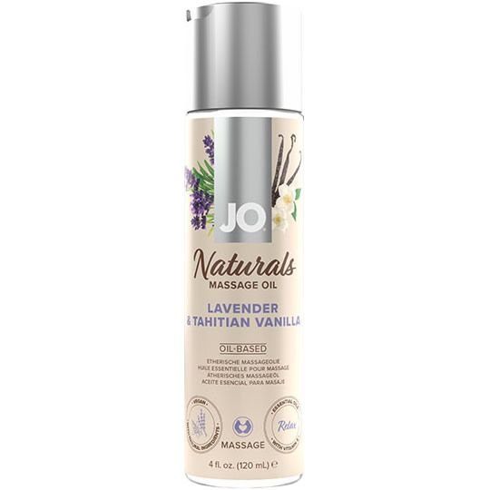 Flacone di olio per massaggio. Scritta: JO Naturals, Lavanda & Vaniglia di Tahiti. Illustrazioni floreali e dosatore.