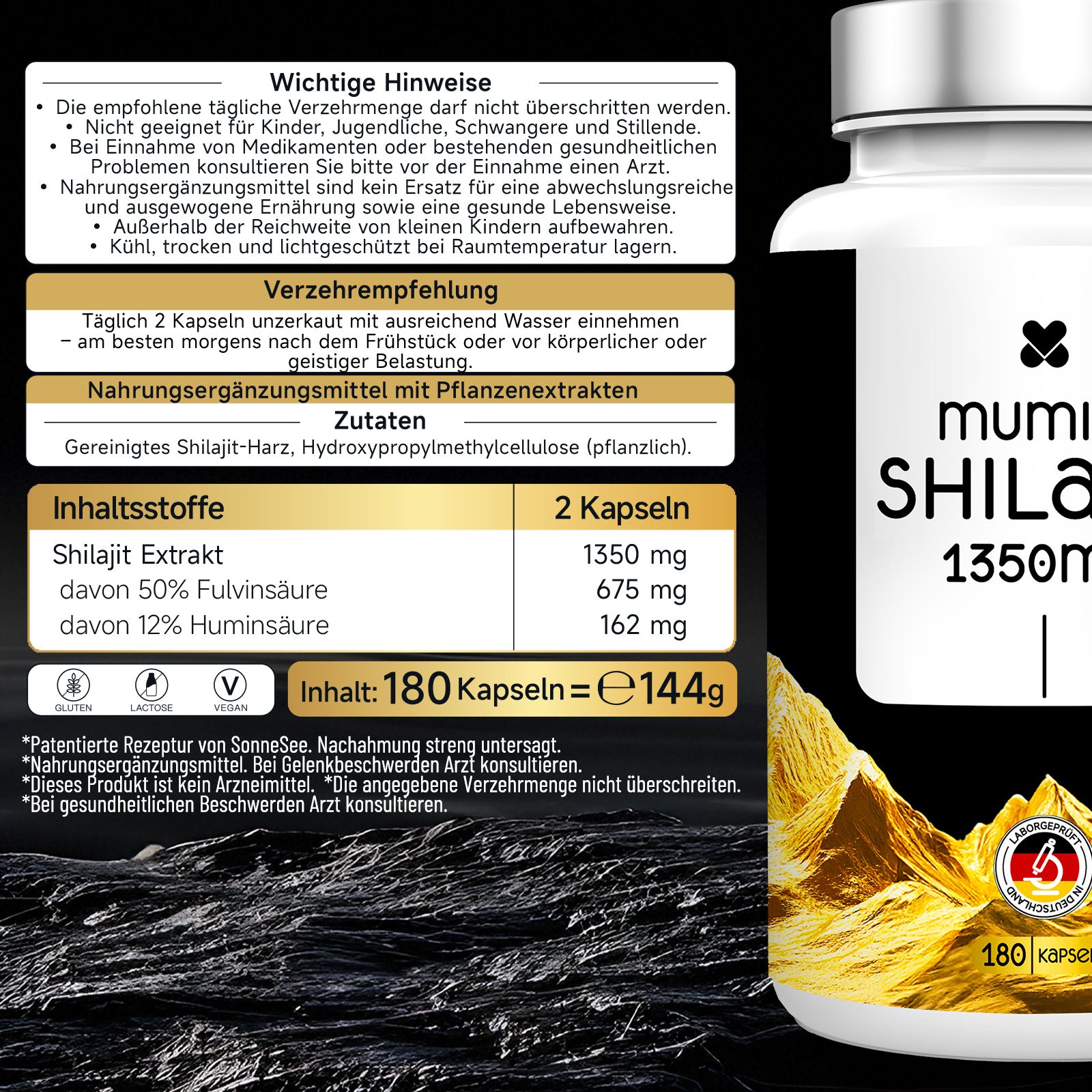 Eine weiße Flasche mit einem Etikett, das „mumi SHILAIT 1350mg“ zeigt. Enthält 180 Kapseln.