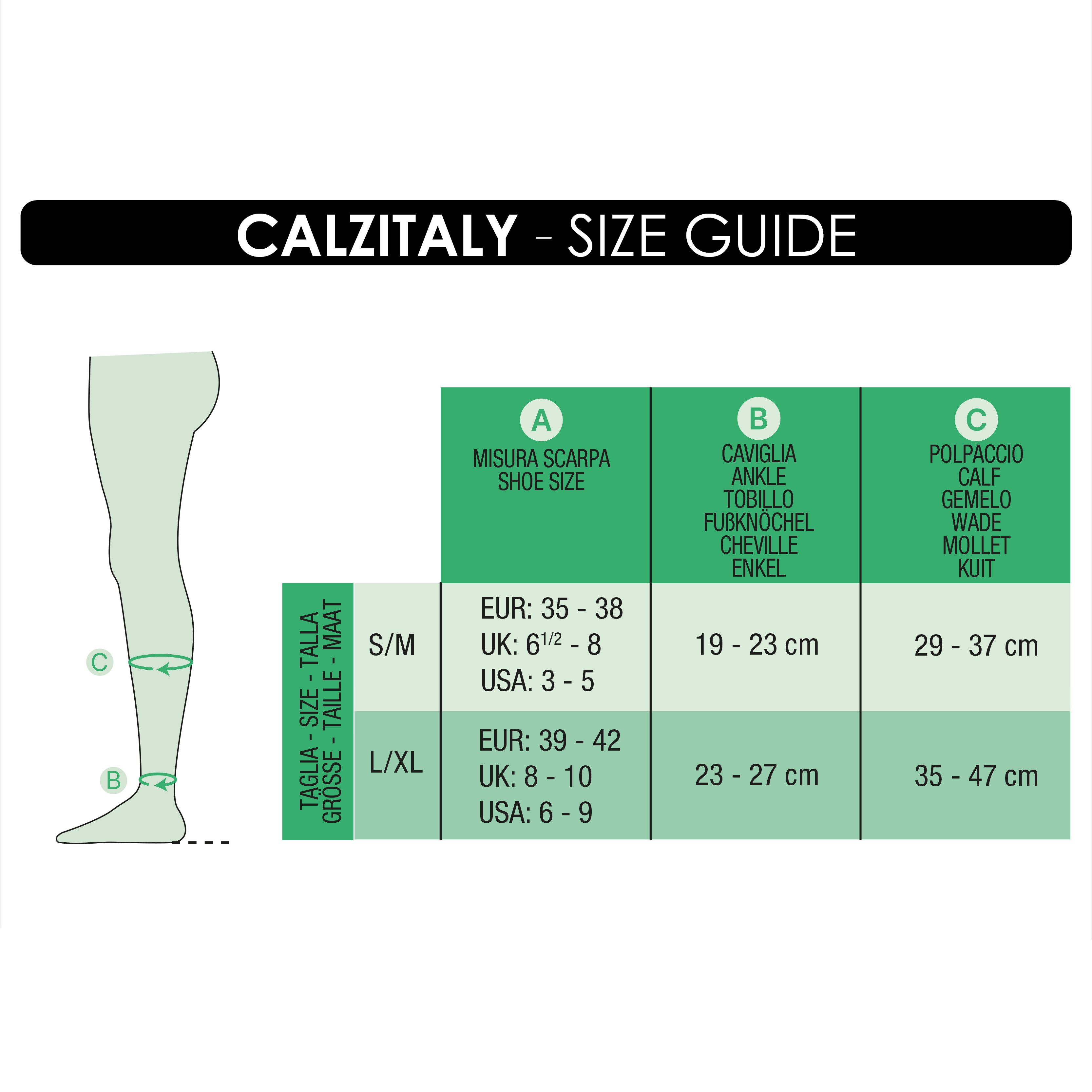 Größentabelle für Kompressionsstrümpfe. Text: MISURA SCARPA, CAVIGLIA, POLPACCIO. Größen: S/M, L/XL. Maße in cm und Zoll.