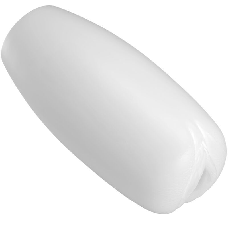Weißer, länglicher Masturbator. Glatte Oberfläche, leicht gerundet.