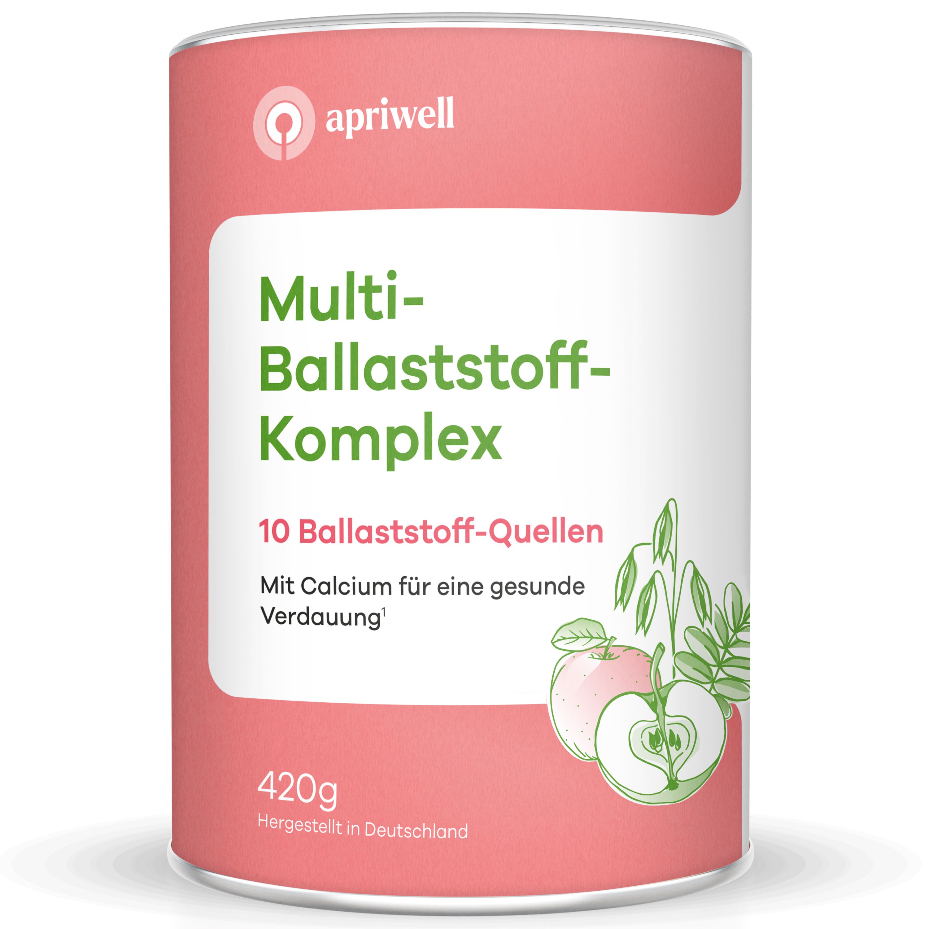 Dose Apriwell Multi-Ballaststoff-Komplex. Text: 10 Ballaststoff-Quellen. Mit Calcium für gesunde Verdauung. 420g. Hergestellt in Deutschland.