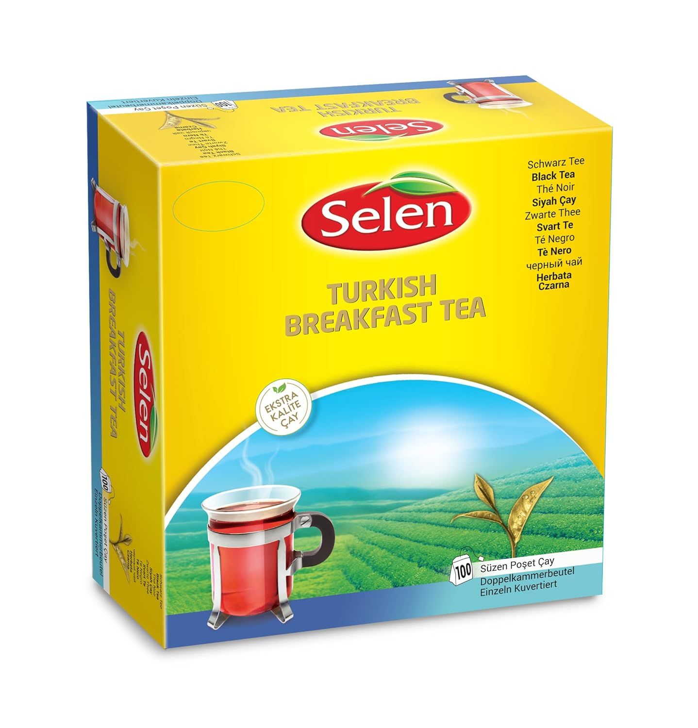 Gelbe Verpackung mit Aufschrift SELEN TURKISH BREAKFAST TEA. Abbildung einer Tasse Tee. Enthält 100 Teebeutel.