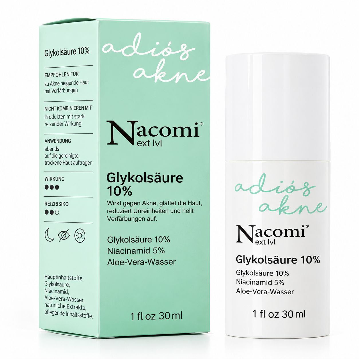 Nacomi Glykolsäure 10% Serum in einem Pumpspender mit Faltschachtel.