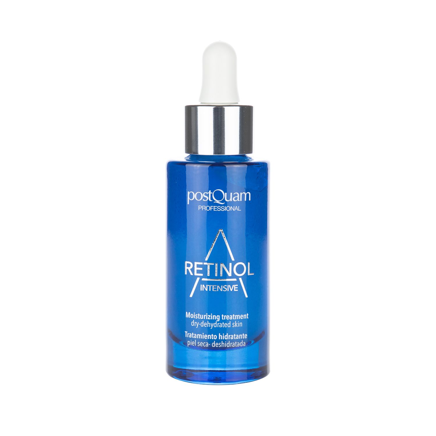 Blaue Flasche mit Pipette. Aufschrift: Retinol Intensive, Postquam Professional. Feuchtigkeitspflege für trockene Haut.