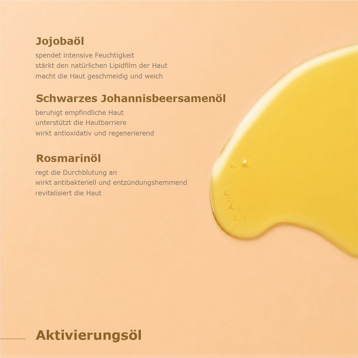 Text über Jojobaöl, schwarzes Johannisbeersamenöl und Rosmarinöl mit einem Tropfen Öl.