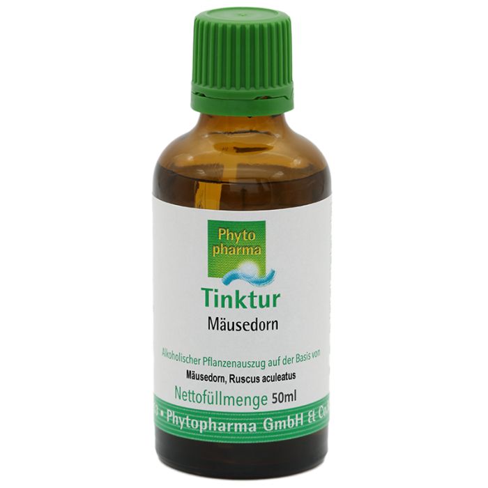 Braune Glasflasche mit grünem Deckel. Etikett mit "Tinktur Mäusedorn" und "Phytopharma".