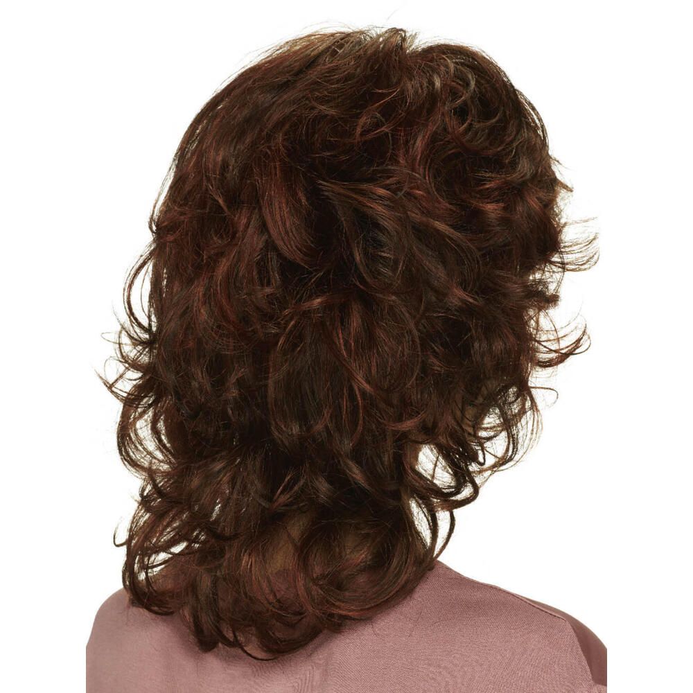 Rote, gewellte Perücke. Rückansicht. Mittellange, lockige Haare.