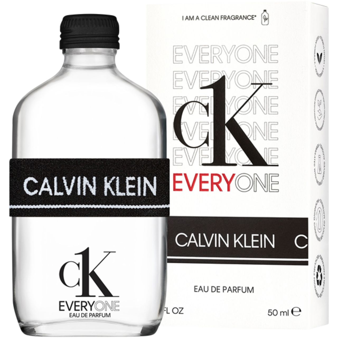 Flakon und Verpackung. Flakon mit schwarzem Verschluss und Band "CALVIN KLEIN". Verpackung mit "CK EVERYONE"-Logo.