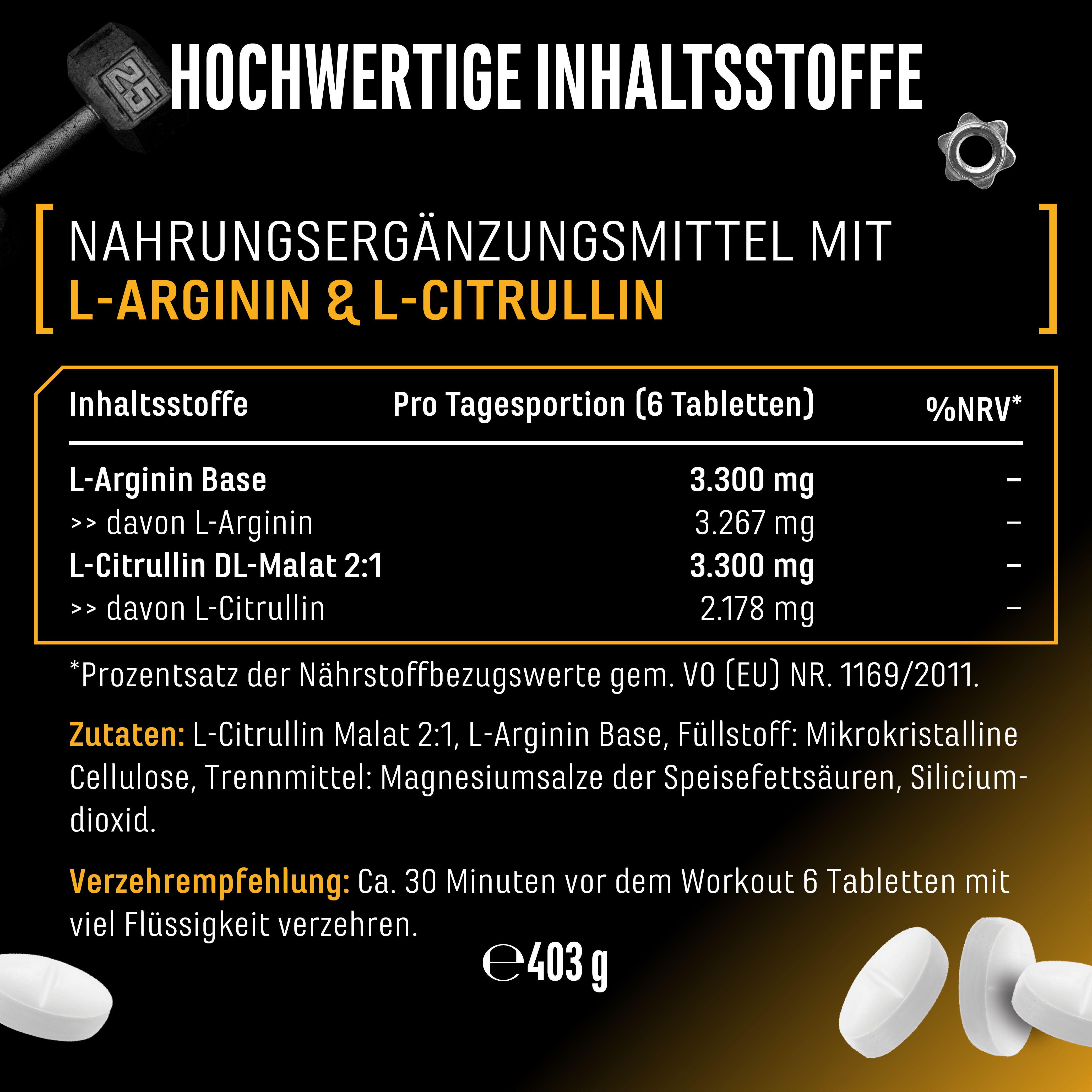 Text: Nahrungsergänzungsmittel mit L-Arginin & L-Citrullin. Inhaltsstoffe, pro Tagesportion (6 Tabletten), %NRV*. Enthält L-Arginin Base und L-Citrullin DL-Malat 2:1.