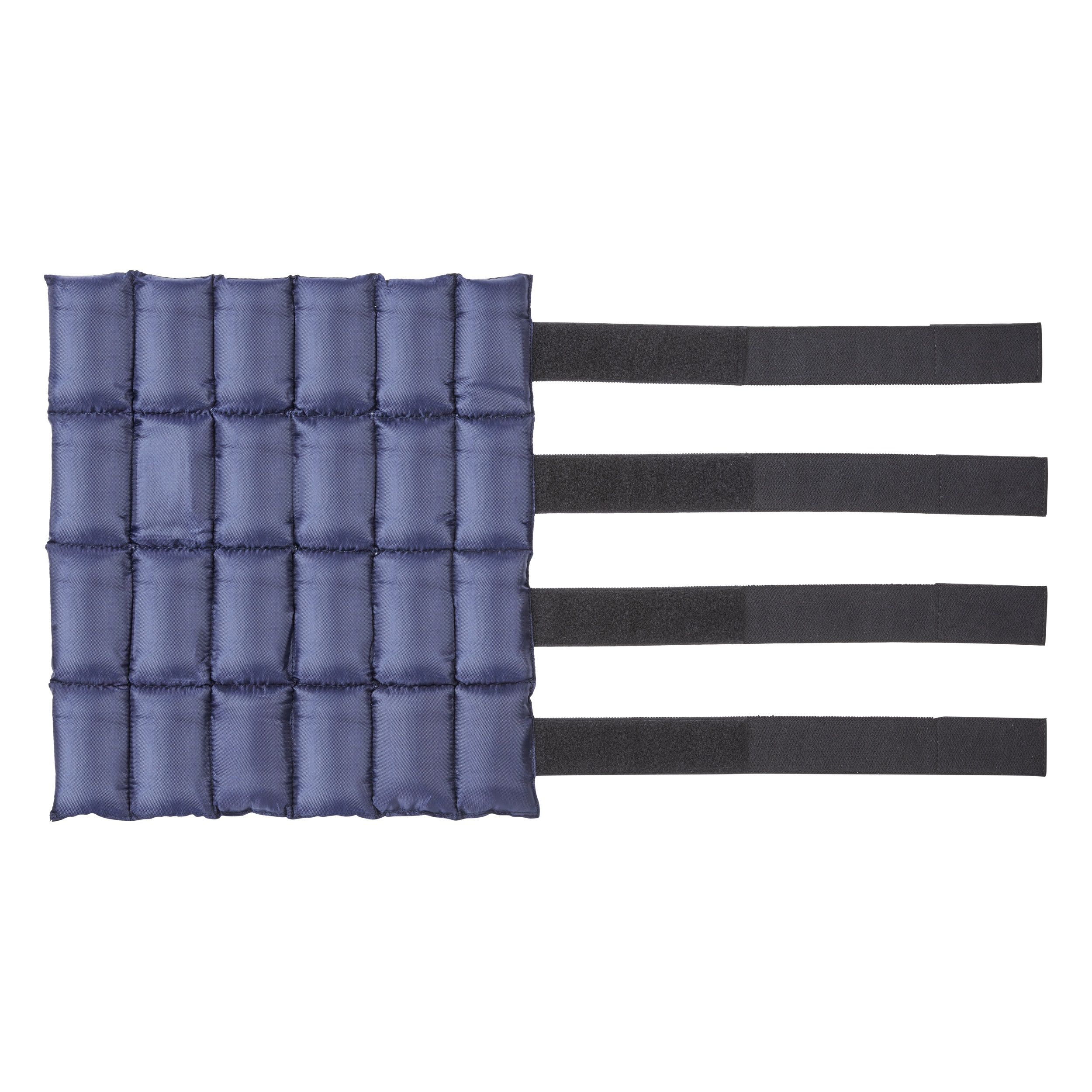 Blau gepolstertes Rechteck mit drei schwarzen Klettverschluss-Streifen. Quadratisches Muster.