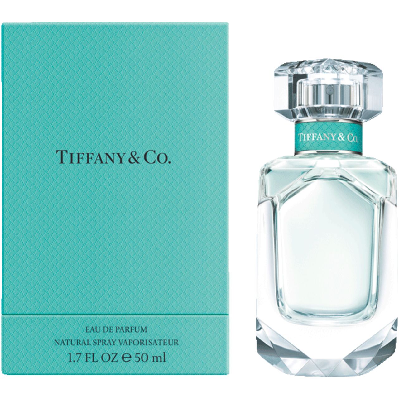 Tiffany & Co. EdP Nat. Spray und Verpackung. Türkisfarbene Schachtel und Flakon. Flakon mit Facettenschliff, türkisfarbenes Band.