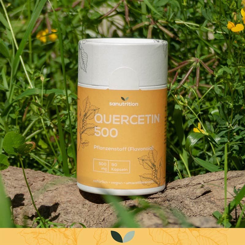 Zylinderförmige Dose mit gelbem Etikett. Aufschrift: Sanutrition Quercetin 500. Pflanzlicher Inhaltsstoff. 90 Kapseln.