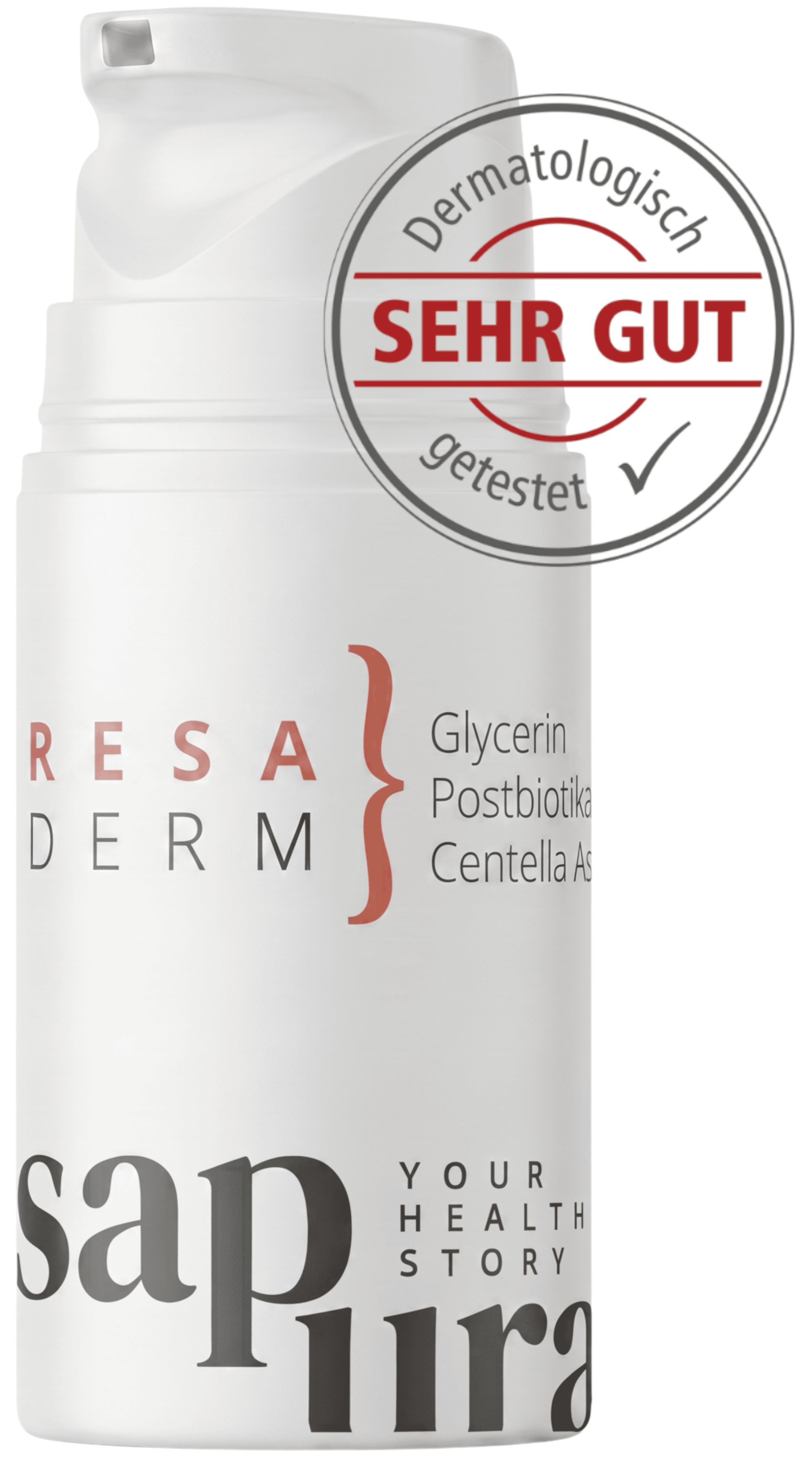 Weiße Pumpflasche mit Siegel 'Dermatologisch SEHR GUT getestet'. Enthält Glycerin, Postbiotika, Centella Asiatica.