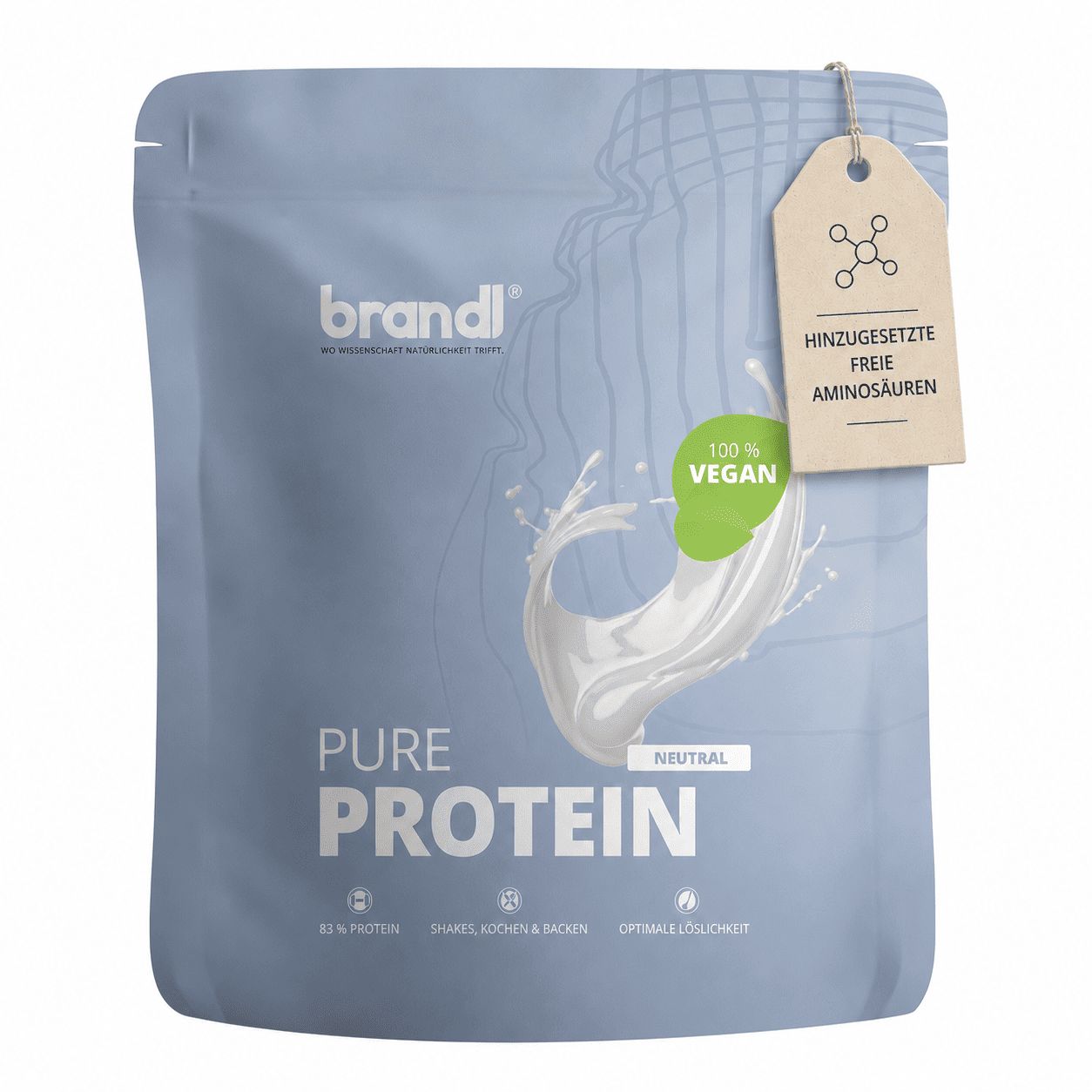 Beutel "brandl" Pure Protein. Text: 100% vegan, neutrale Geschmacksrichtung, freie Aminosäuren.