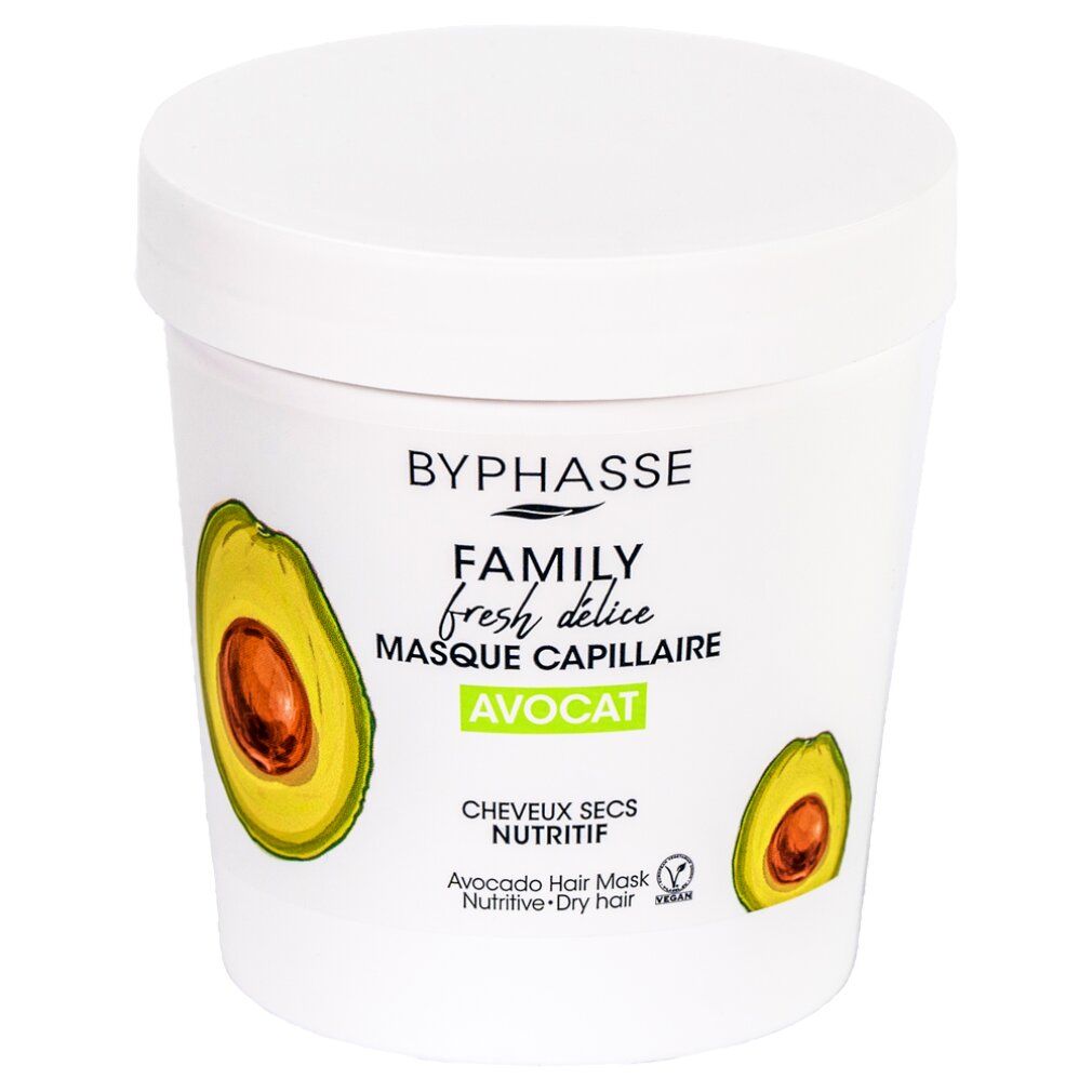 Byphasse Family Fresh Delice Mascarilla Cabello Seco. Weißer Behälter mit Avocado-Illustration und Text.