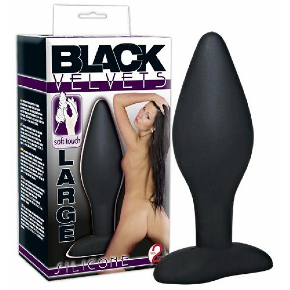 Verpackung mit schwarzem Analplug. Aufschrift: 'BLACK VELVETS LARGE', 'SILICONE'. Abbildung einer Frau.
