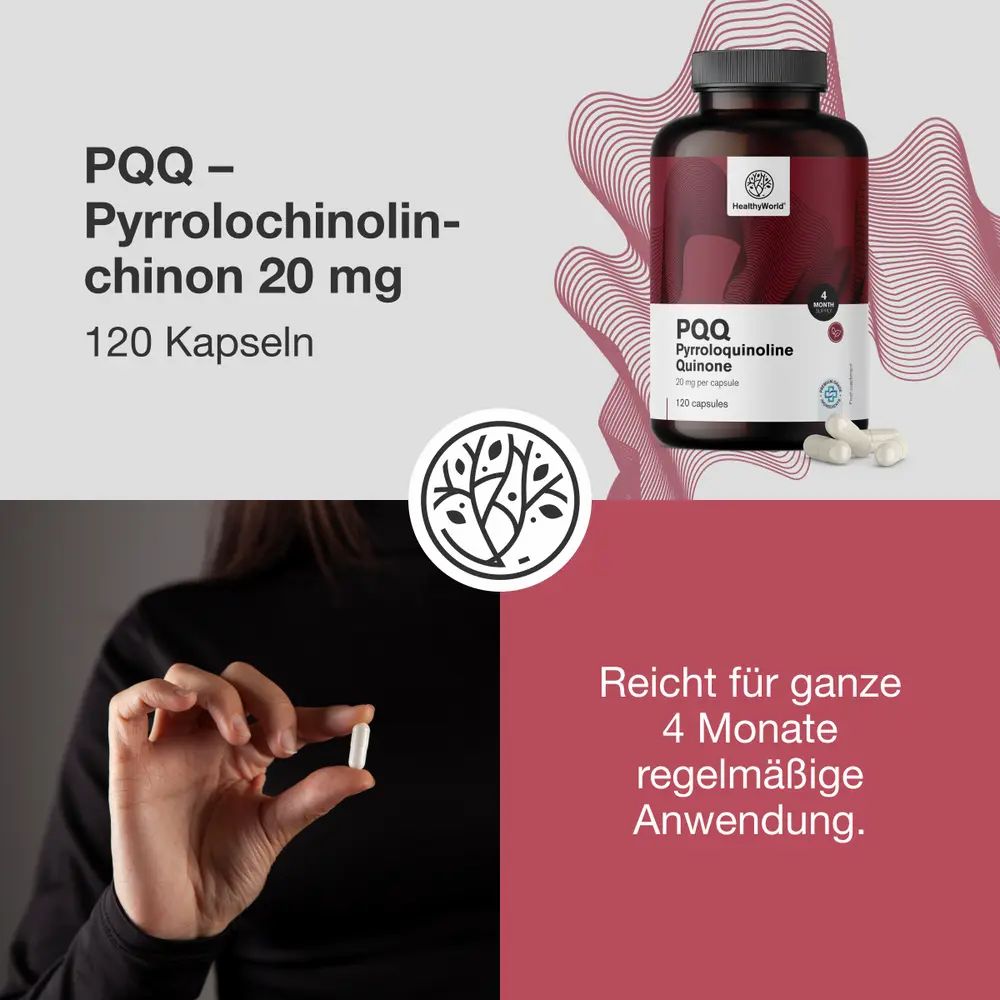 Produkt mit Kapsel in der Hand. Text: PQQ Pyrrolochinolinchinon 20 mg, 120 Kapseln. Marke: HealthyWorld. Text: Reicht für 4 Monate.