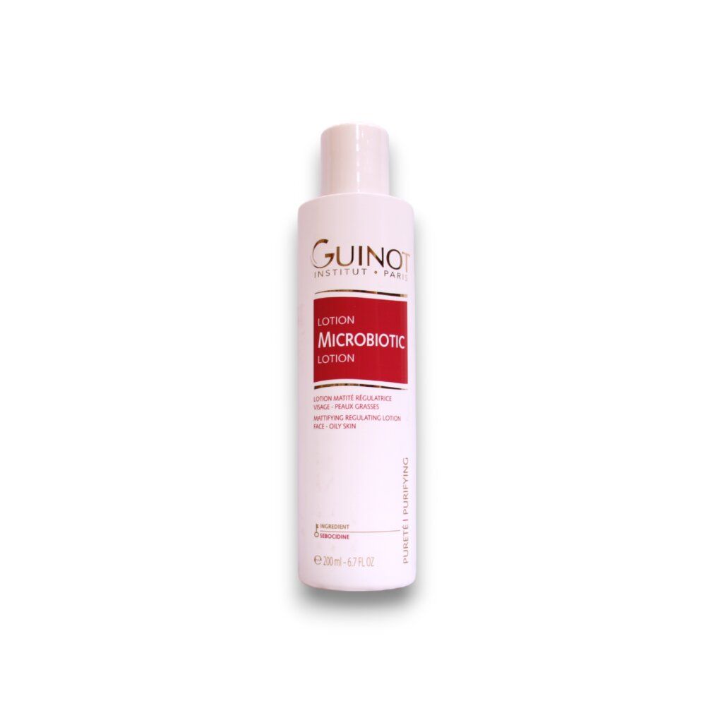 Guinot Microbiotic Lotion: Weiße Flasche mit rotem Etikett, 200ml.