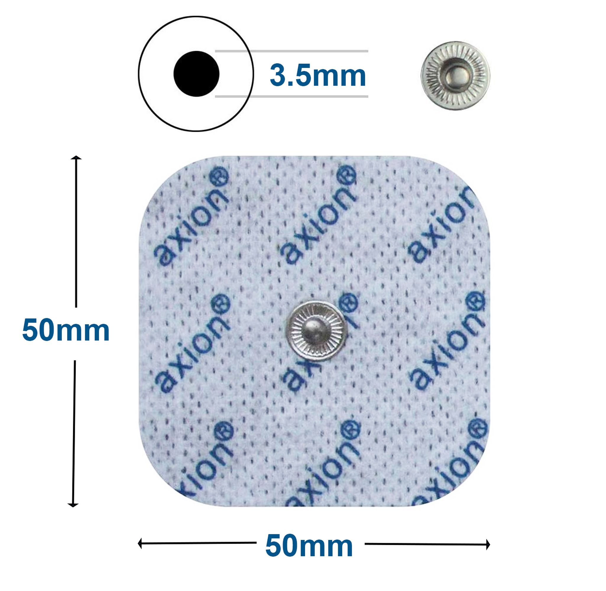 Vierkante axion® elektrodenpad met drukknop. Afmetingen: 50x50mm. Wit met blauw axion® logo. 3,5mm drukknop.