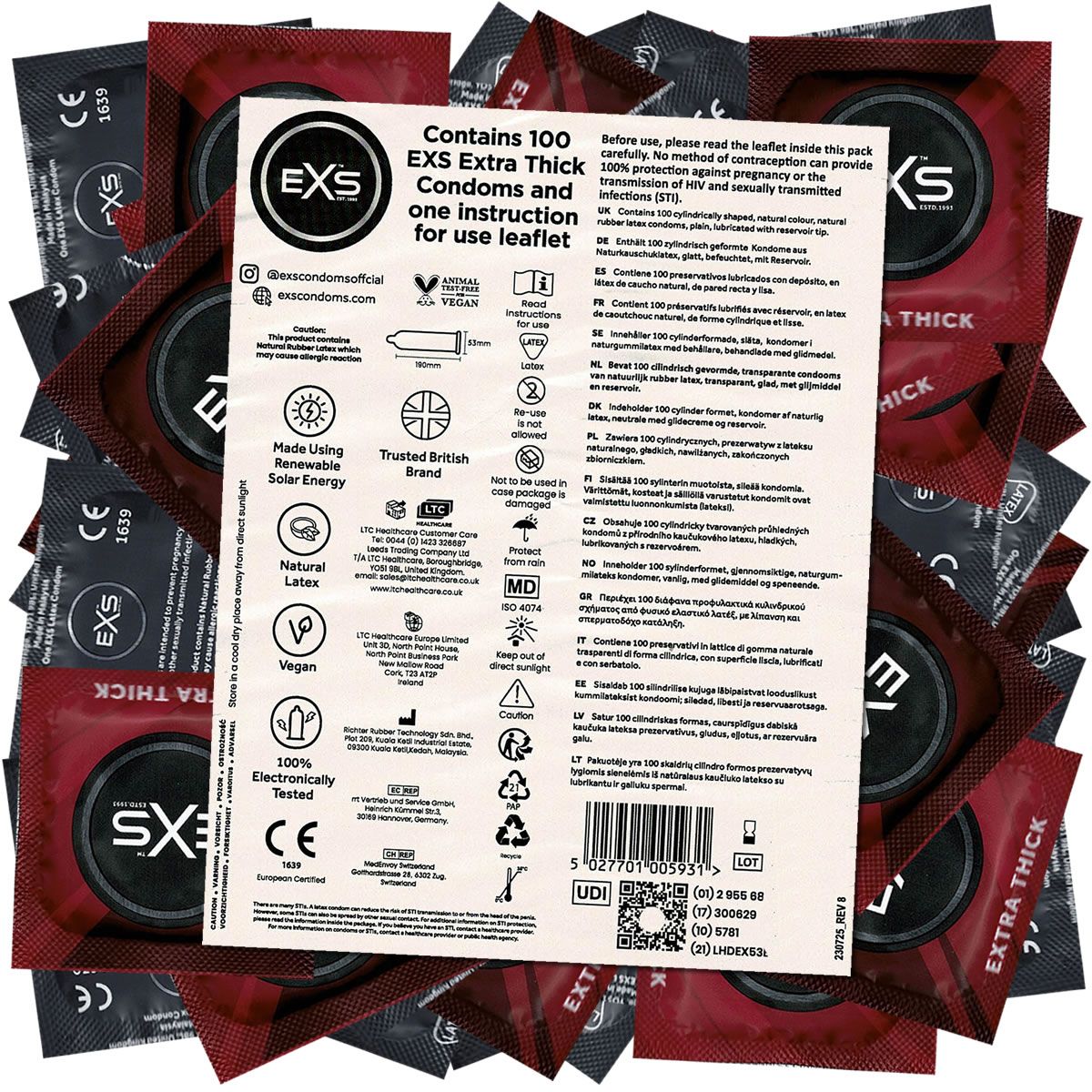 Kondompackung mit 100 Stück. Logo und Text: EXS Extra Thick Condoms. Enthält eine Gebrauchsanweisung.