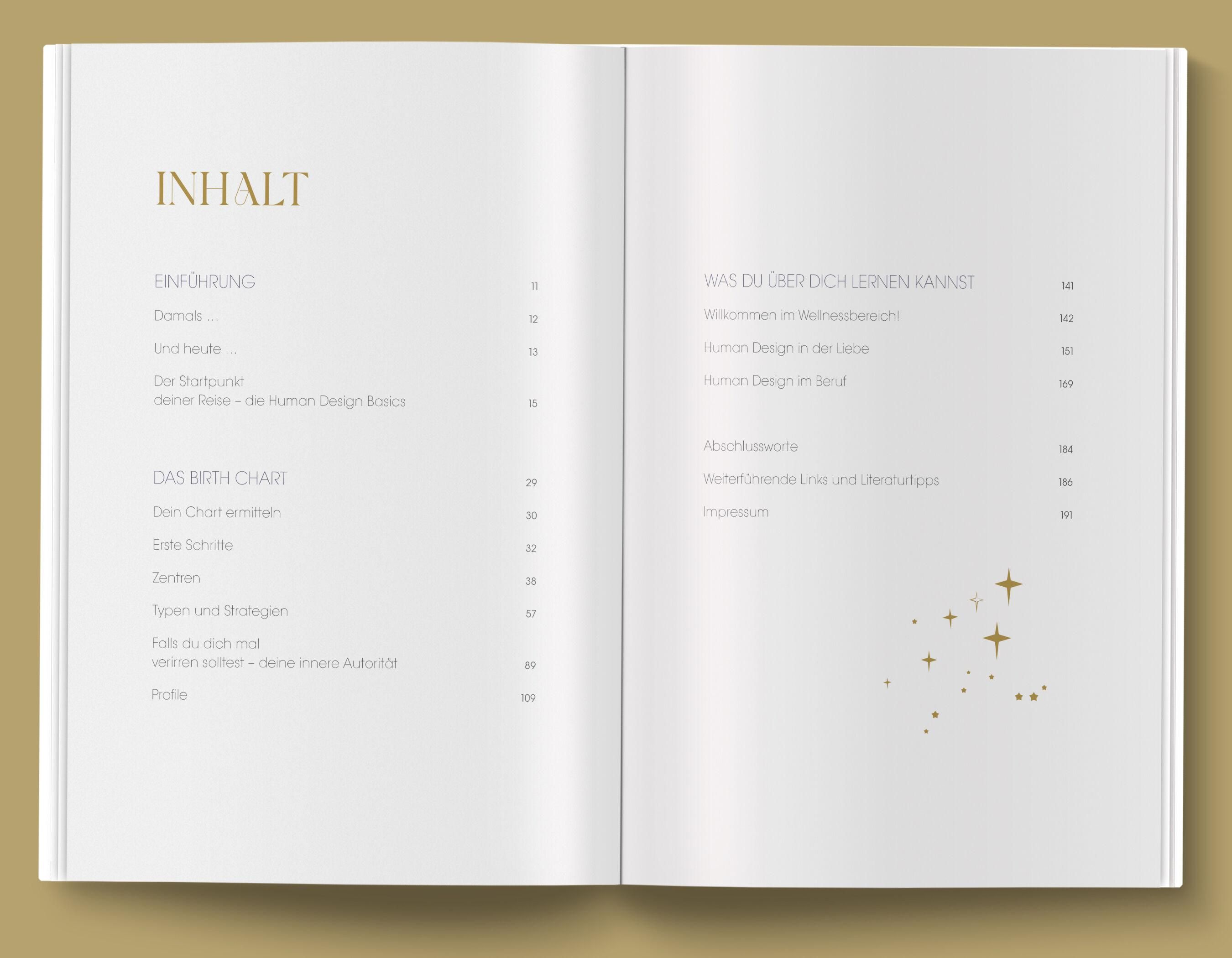 Doppelseite eines Buches. Überschrift: INHALT. Auflistung von Kapiteln. Goldener Text auf hellem Hintergrund. Sterne als Dekoration.