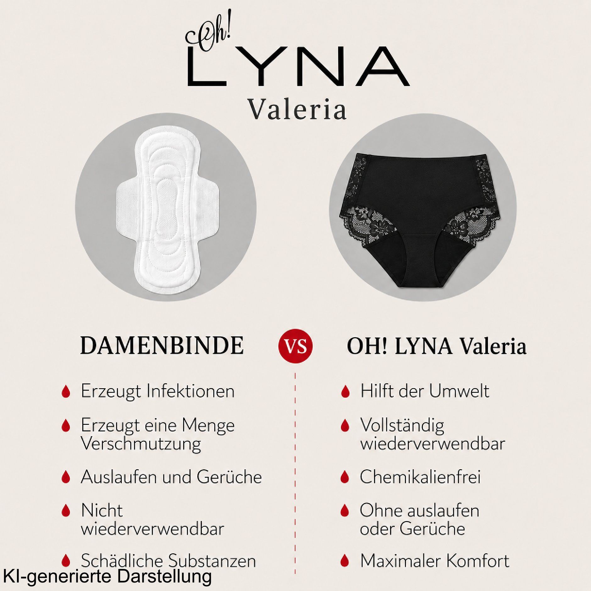Vergleich von Damenbinde und Oh! LYNA Valeria Periodenunterhose, Vorteile hervorgehoben.