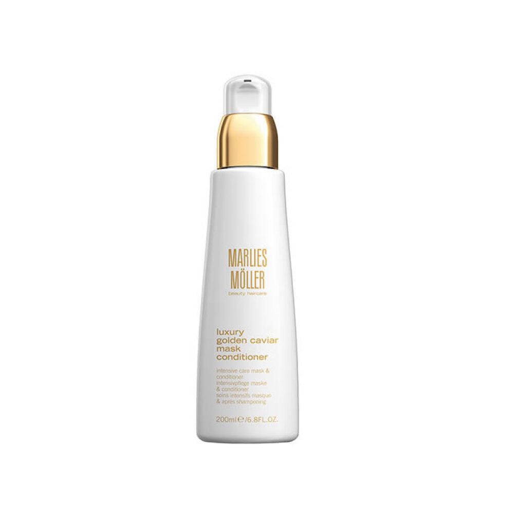 Weiße Flasche mit goldenem Verschluss. Aufschrift: Marlies Möller, Luxury Golden Caviar Mask Conditioner. 200ml/6.8FL.OZ.